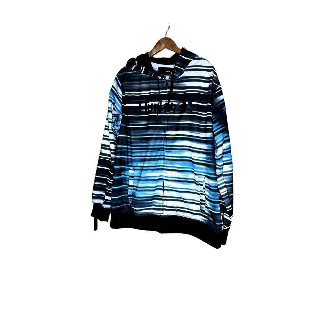 Hurley size XXL men's jacket with hood blue & black striped zip-up side pockets